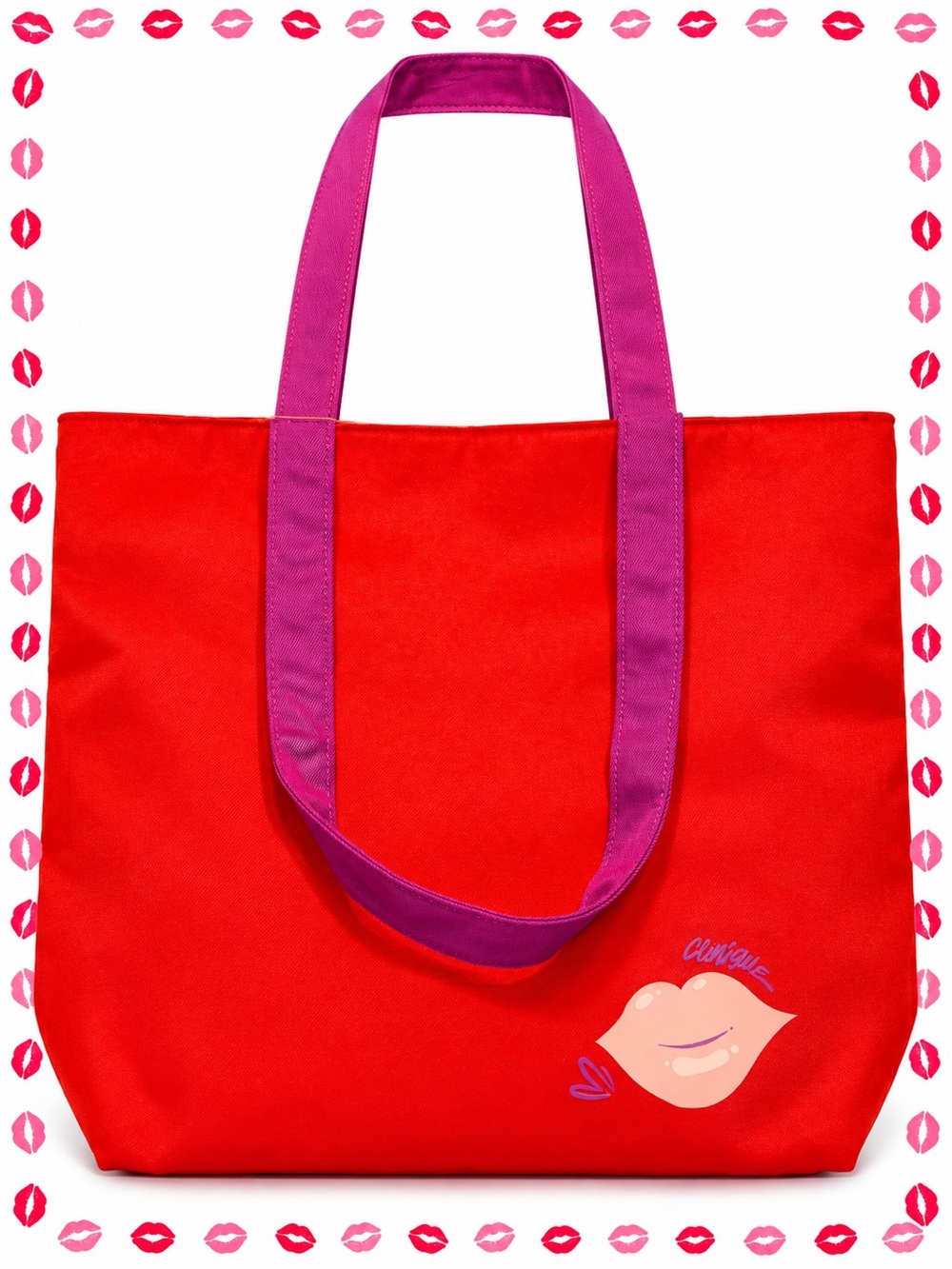 Clinique Red Tote with Pink Handles And Lip Print Interior